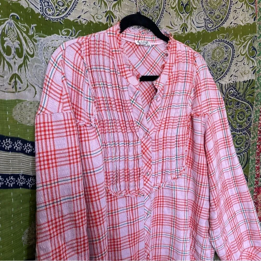 Intimately by Free People Plaid About You Pink Sleep Shirt Size Small